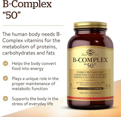 Solgar B-Complex “50”, 250 Vegetable Capsules - Energy Metabolism, Cardiovascular Support, Nervous System Support - Non-GMO, Vegan, Gluten Free, Dairy Free, Kosher, Halal - 250 Servings
