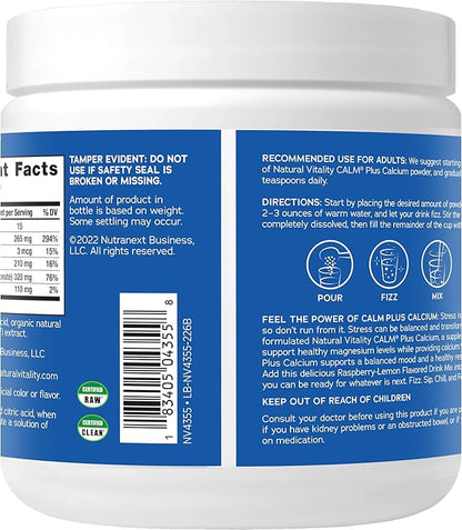 Natural Vitality CALM Magnesium Supplement Drink Mix Plus Calcium, Anti-Stress Drink Mix Powder, With Calcium, Vegetarian & Non-GMO, Raspberry Lemon, 8 oz