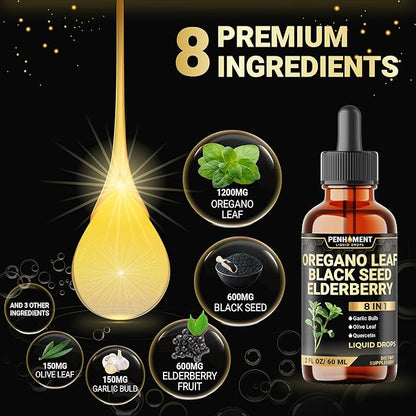 8in1 Oil of Oregano Drops with Black Seed Oil Liquid | Contains Carvacrol | Garlic, Elderberry, Olive Leaf, Quercetin, Bromelain - 2 Fl Oz