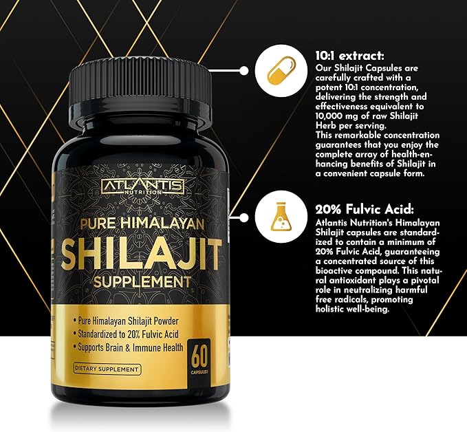 Atlantis Nutrition Himalayan Shilajit Capsules Formulated with 20% Fulvic Acid | 10:1 Extract Providing 10,000mg D.H.E. | USA Made | Himalayan Shilajit Supplement for Men & Women | 60 Capsules