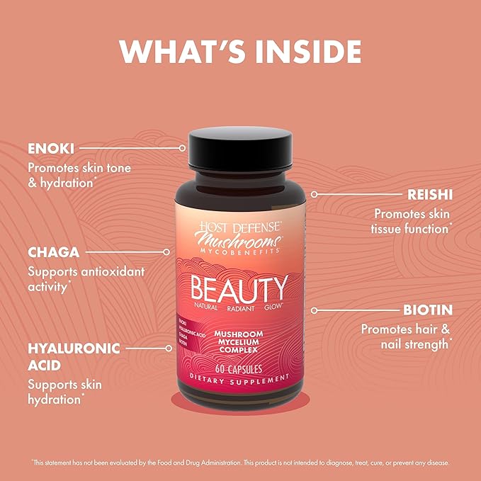 Host Defense MycoBenefits Beauty Capsules - Supplement for Healthy Hair & Nail Strength - Skin Elasticity & Health Aid - Mushroom Supplement with Biotin & Hyaluronic Acid - 60 Capsules (30 Servings)