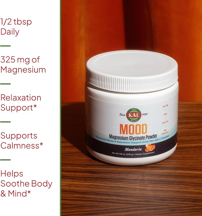 KAL Mood Magnesium Powder with L-Theanine - Mandarin Flavor Magnesium Supplement - Relaxation Support, High Absorption, No Added Sugar, Vegan, Gluten Free, Made Without Soy - 40 Servings, 9.8 oz