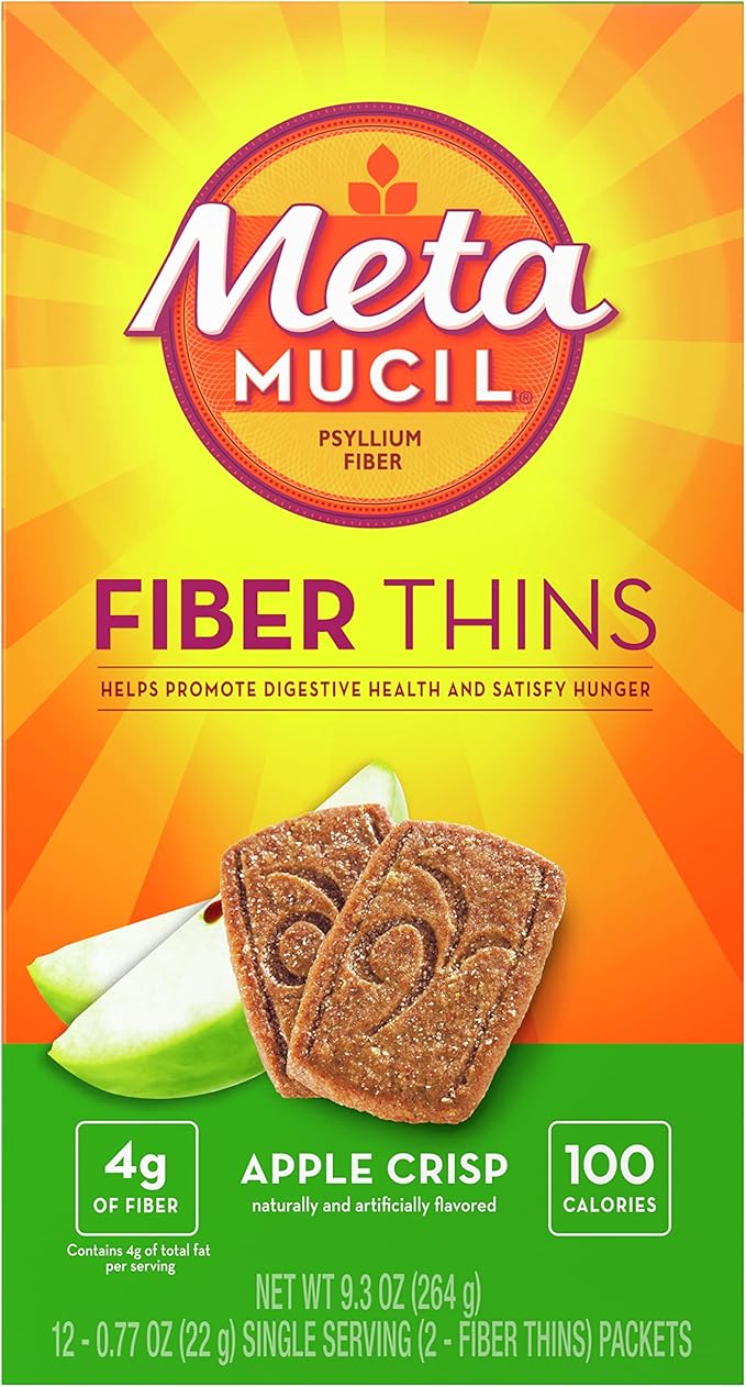 Metamucil, Fiber Thins, Daily Psyllium Husk Fiber Supplement, Supports Digestive Health and Satisfies Hunger, Apple Crisp Flavor, 48 Total Servings (4 Packs of 12)