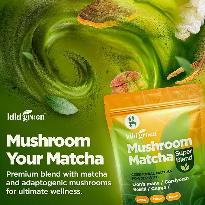 KIKI Green Mushroom Matcha Powder Super Blend 4 oz - Mushroom Coffee Alternative for Better Energy, Focus, Immunity - with Lion's Mane, Chaga, Reishi, Cordyceps