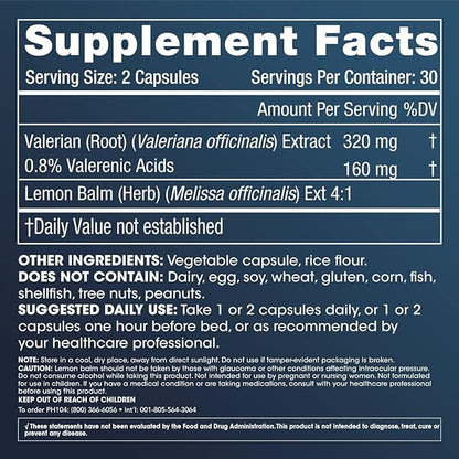 ProHealth Valerian Extract + Lemon Balm (60 Capsules) 160 mg Valerian + 80 mg Lemon Balm | Relaxation & Sleep Support | No Morning Grogginess | Vegan | Gluten Free | Soy Free