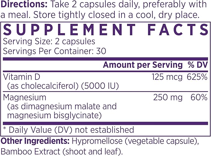 NAOMI Activated Vitamin D3 5000 IU (125 mcg) Supplement with Magnesium for Strong Bones, Teeth, Muscle, Immune and Mood Support, Non-GMO, Gluten Free, 60 Veggie Caps, 30 Day Supply