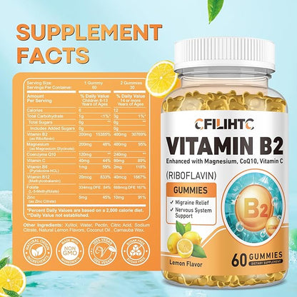 Vitamin B2 Gummies Riboflavin 400mg Supplement for Kids & Adults - Magnesium Glycinate, Zinc, CoQ10, Vitamin B12 - Migraine Relief & Energy, Nervous System Support, Sugar Free Lemon Flavor, 60ct