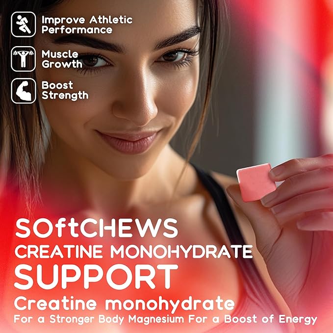 Creatine Monohydrate Chews Complex for Men & Women -Advanced Formula W/L-Taurine + Vitamin B12, Sugar Free Chewable Supplement,60 Strawberry Softchews.