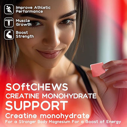 Creatine Monohydrate Chews Complex for Men & Women -Advanced Formula W/L-Taurine + Vitamin B12, Sugar Free Chewable Supplement,60 Strawberry Softchews.