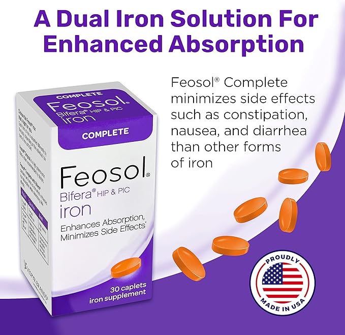 Feosol Complete Iron Supplement Caplets, Bifera Iron for High Absorption, Heme and Non-Heme Dual Action Minimizes Side Effects, 1 Per Day, for Energy and Immune System Support, 30 Count (Pack of 36)