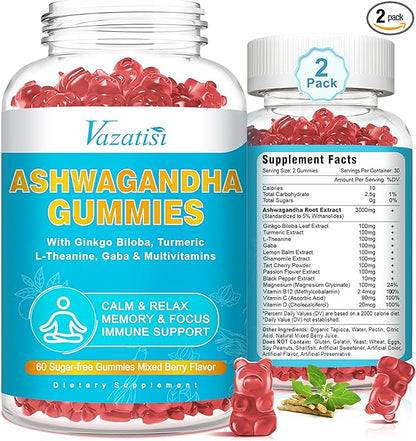 2 Pack Ashwagandha Gummies with Turmeric GABA Mood Energy and Immune Support, Mixed Berry Flavor 120 Cts