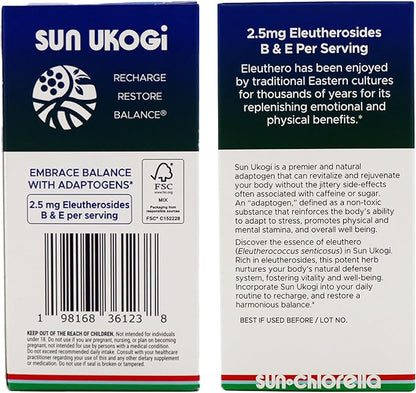 Sun Chlorella Sun Ukogi Organic Eleuthero Root 200 mg Siberian Ginseng Supplement - Natural Adaptogen Well Being & Endurance Supplement for Women & Men - Non-GMO - 240 Tablets