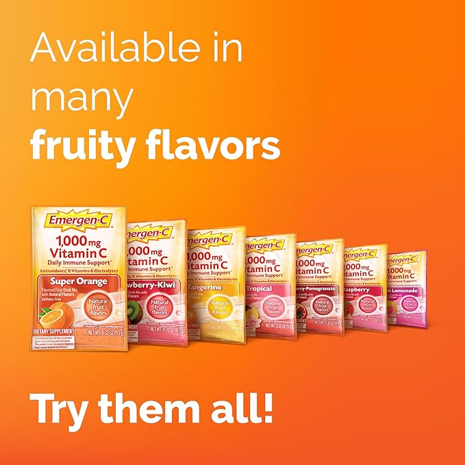 Emergen-C 1000mg Vitamin C Powder, with Antioxidants, B Vitamins and Electrolytes, Vitamin C Supplements for Immune Support, Caffeine Free Drink Mix, Raspberry Flavor - 60 Count/2 Month Supply
