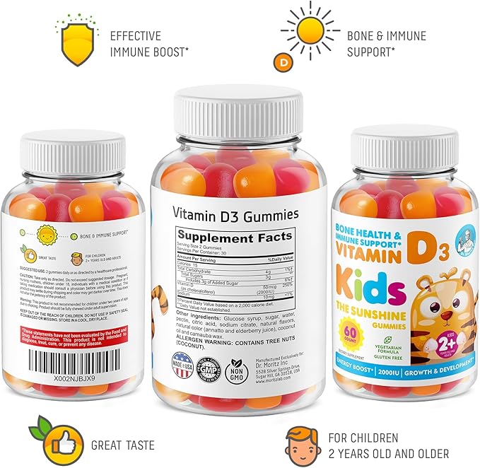 DR. MORITZ Vitamin D Gummies for Kids and Adults (2000 IU) - Chewable Kids Vitamin D Supplement for Immune Support - Vegetarian and Gelatin-Free, 2 Pack (120 Count)