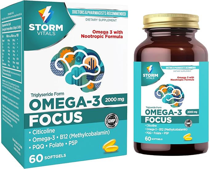 Omega-3 Focus 2000mg, Nootropic Formula with Citicoline, B12, PQQ, Folate, P5P | 60 Softgels - 30 Days Supply
