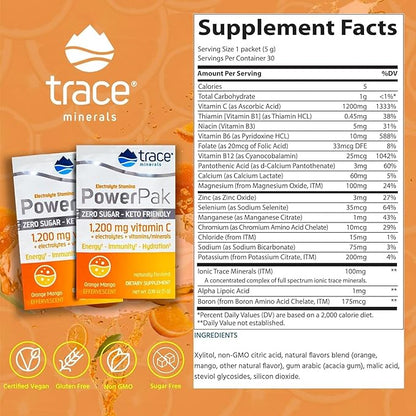 Trace Minerals Power Pak Sugar-Free - Immune & Energy Health Support - Powder Drink Mix with Vitamins & Minerals - Supports Hydration & Mineral Absorption - Orange Mango, 30 Packets (30 Servings)
