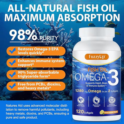 Omega 3 Fish Oil,Fish Oil Omega 3 Supplement for Women & Men,1280mg Per Serving High EPA & DHA Supports Heart, Brain & Joint Health,Non-GMO