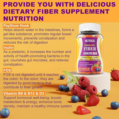 Fiber Gummies with Probiotics for Adults, 7G Soluble Fi ber + Insoluble Fi ber, Sugar Free with Psyllium Husk, Inulin, Fos, Multivitamins for Daily Digestive Health, Regularity Gut Support, Pack of 2