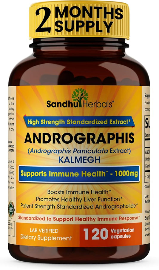 Sandhu Herbals Andrographis Paniculata Kalmegh for Immune and Liver Health Support| 120 Vegetarian Capsules, 2 Months Supply| Ayurvedic Herbal Vegetarian Supplement Complex