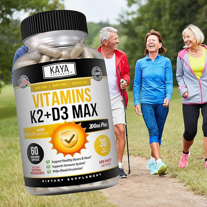 Kaya Naturals Vitamins K2 with D3 5000IU Supplement for Men and Women - Easy to Swallow - Bioperine Capsules (60 Count (Pack of 1))