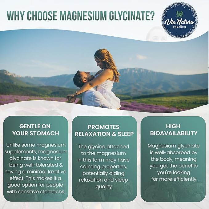 Magnesium Glycinate 200 mg | Gluten Free | Non-GMO | 60 Tables by Via Natura Organics