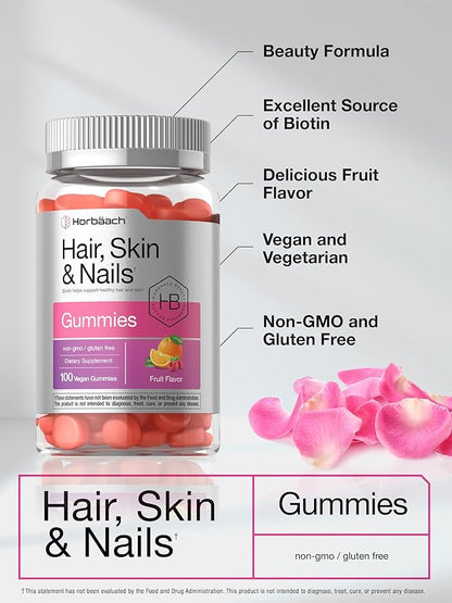 Horbäach Hair Skin and Nails Gummies | 100 Count | with Biotin | Fruit Flavored Vitamins | Non-GMO, Gluten Free Supplement