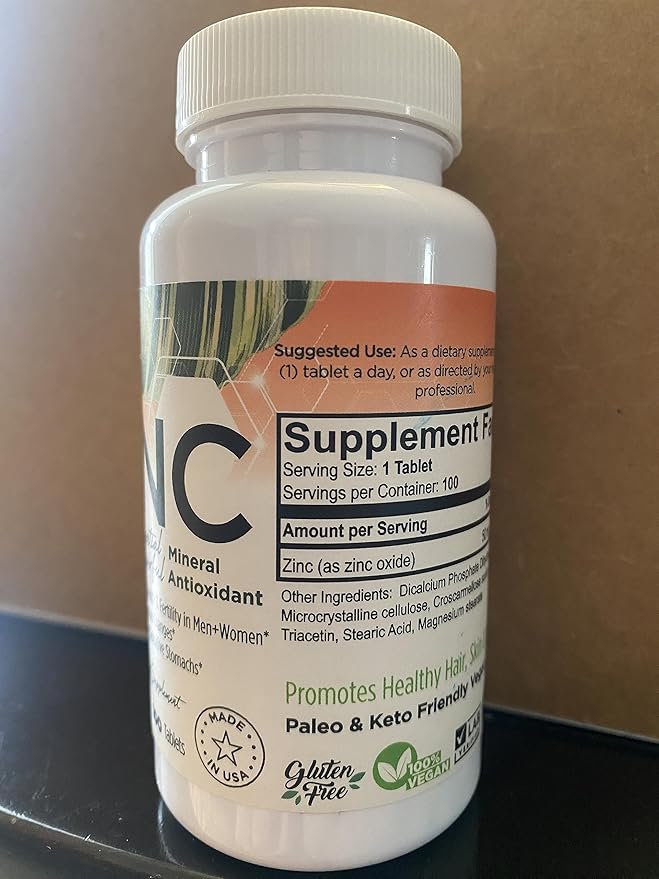 Zinc 50mg, (100 Tablets), Specially Formulated for Sensitive Stomach, Immune Support, Skin & Hair, Vegan Zinc Supplement, Non-GMO Made in USA