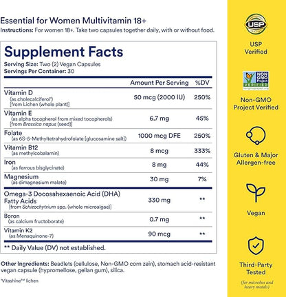 Ritual Multivitamin for Women 18+ with Vitamin D3 for Immune Support*, Vegan Omega 3 DHA, B12, Iron, Gluten Free, Non GMO, USP Verified, 30 Day Supply, 60 Capsules
