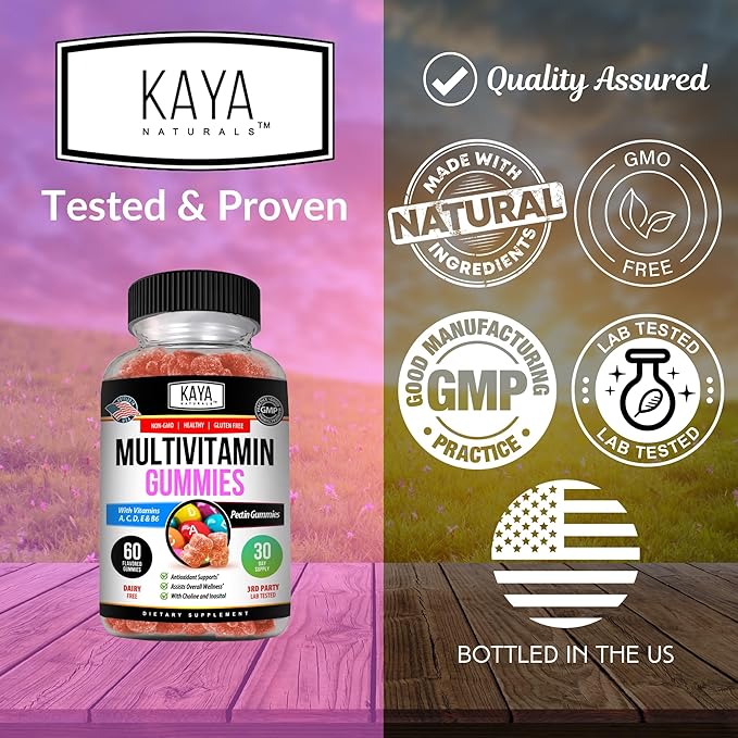 Kaya Naturals Adult Multi Vitamin Gummy, Biotin, Vitamin A, C & E, Including Zinc &Vitamin B-12, Folic Acid, Strawberry Flavor | Gluten-Free multivitamins Sweet Adult Gummies - 60 Gummies
