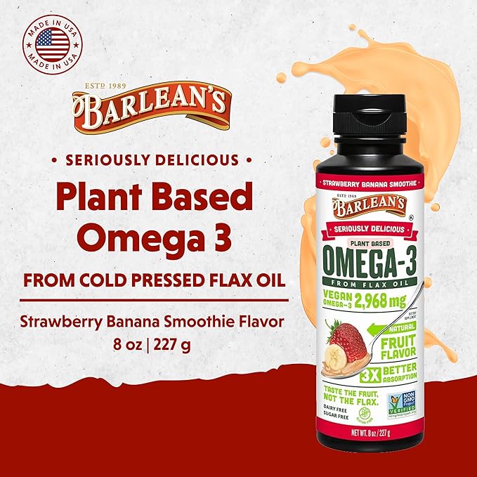 Barlean's Strawberry Banana Omega 3 Liquid Flaxseed Oil with 2,968 mg Vegan Omegas 3 6 9, Smoothie Supplements for Kids and Adults, Non-GMO and Gluten Free, 16 oz
