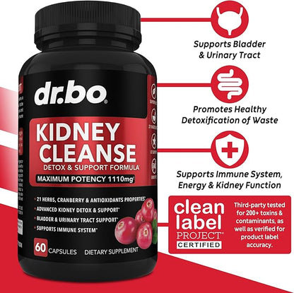 Kidney Cleanse Detox Support Supplement - Natural Cranberry, Juniper Berries, Buchu & Uva Ursi Extract to Support Kidneys, Bladder & Urinary Tract Health Supplements - Herbal Renal Blend Formula Pills