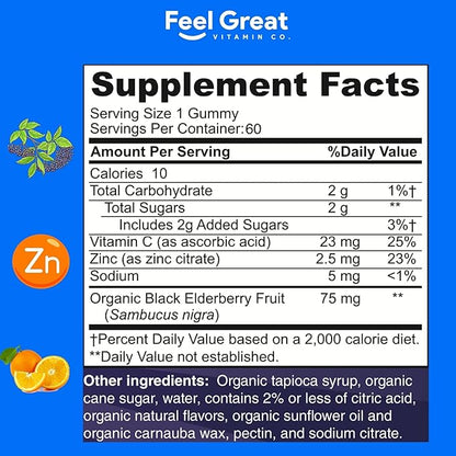 USDA Organic Elderberry Gummies for Kids | Immune Support Elderberry with Zinc and Vitamin C - Gluten Free & Vegan Children's Vitamins - 60 Count | Sambucus Nigra Supplement