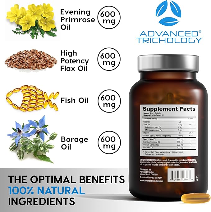 EFA Complete with Optimal Omega 3 6 9 Levels of High Potency Flax Oil, Fish Oil, Borage, and Evening Primrose 800mgs (90count) 3rd Party Tested - High in GLA and 369 Omegas