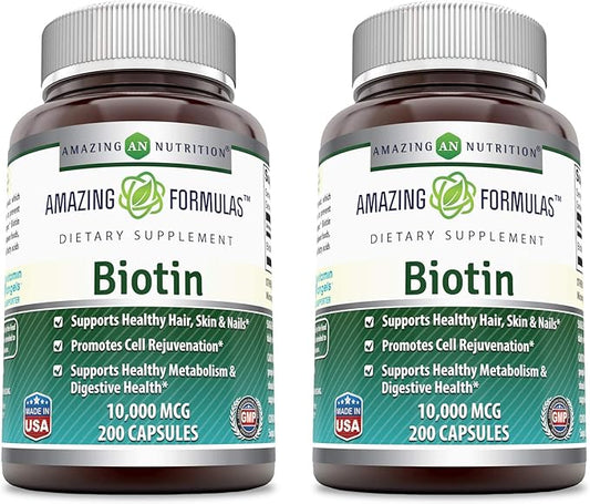Amazing Formulas Biotin 10000 mcg | 200 Veggie Capsules | Vitamin B7 Supplement | Non-GMO | Gluten Free | Made in USA 2 Pack