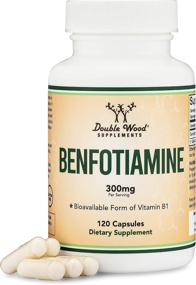 Benfotiamine 300mg Servings (Third Party Tested, 120 Capsules, 150mg Per Cap) Non-GMO, to Boost Thiamine B1 Levels (More Absorbable Than Thiamine, Fat Soluble) by Double Wood