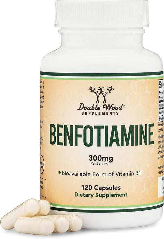 Benfotiamine 300mg Servings (Third Party Tested, 120 Capsules, 150mg Per Cap) Non-GMO, to Boost Thiamine B1 Levels (More Absorbable Than Thiamine, Fat Soluble) by Double Wood