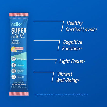 Supercalm Powdered Drink Mix, Raspberry Lemonade, L Theanine, Ksm-66 Ashwagandha, Magnesium Glycinate, Vitamin D 3, Supplements for Relaxation & Focus, No Sugar, Non GMO, On The Go, 20 Ct