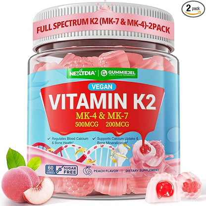 Vitamin K2 Gummies MK-7 200 mcg & MK-4 500 mcg for Women & Men Sugar Free, Perfect 2-IN-1 Full Spectrum Vitamin K2 Supplement for Bone, Promotes Calcium Absorption, Brain, Teeth, Immune, Pack of 2