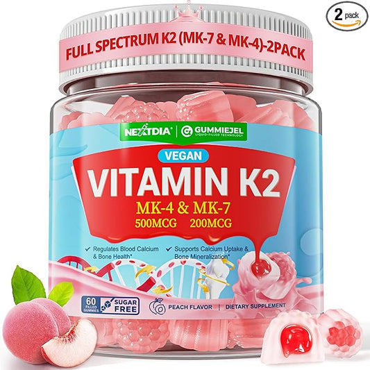 Vitamin K2 Gummies MK-7 200 mcg & MK-4 500 mcg for Women & Men Sugar Free, Perfect 2-IN-1 Full Spectrum Vitamin K2 Supplement for Bone, Promotes Calcium Absorption, Brain, Teeth, Immune, Pack of 2