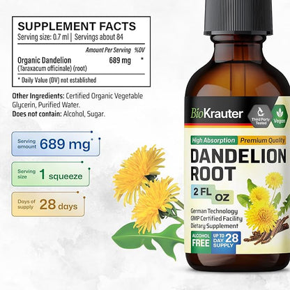 BIO KRAUTER Dandelion Root Extract - Alcohol & Sugar Free Dandelion Tinture - Vegan Supplement for Cleansing & Immunity - 2 Fl. Oz - 28 Days of Supply