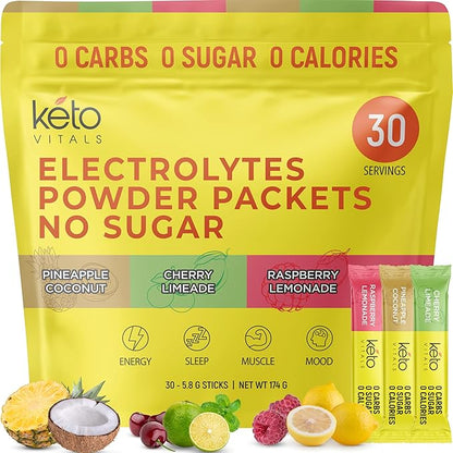 Keto Vitals Tropical Keto Electrolytes Powder - No Sugar Keto Electrolytes Stickpacks with Potassium, Magnesium, Sodium, & Calcium - Sugar Free Electrolyte Drink Mix & Hydration Powder, 30 Serving