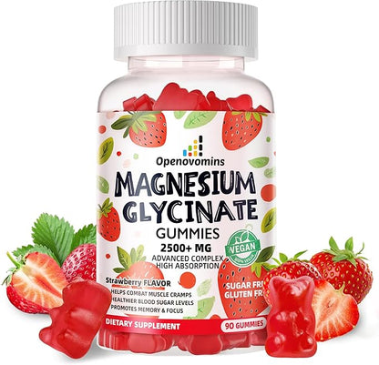 Magnesium Glycinate Gummies 2500mg - Sugar Free Magnesium Potassium Supplement with Vitamin D, B6, CoQ10 for Calm Mood & Sleep Support - 90 Strawberry Gummies