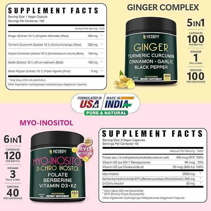 Bundle 5in1 Ginger Supplement 100 Count & 6in1 Myo-inositol & D-Chiro Inositol Supplement for Women 120 Count - Support Digestion, Immune, Heart & Overall Health