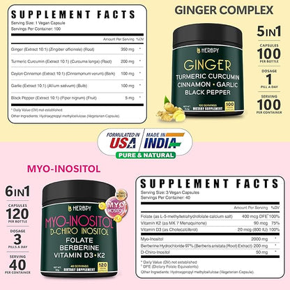 Bundle 5in1 Ginger Supplement 100 Count & 6in1 Myo-inositol & D-Chiro Inositol Supplement for Women 120 Count - Support Digestion, Immune, Heart & Overall Health