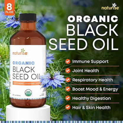 Organic Black Seed Oil (Nigella Sativa, Cumin Seed) Cold Pressed Non-GMO, 8 oz Glass Bottle Source of Essential Fatty Acids, Omega 3 6 9'