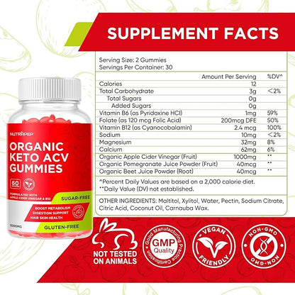 Organic Keto ACV Gummies - Gluten-Free & Sugar-Free Apple Cider Vinegar Supplement for Women Men (1000MG)