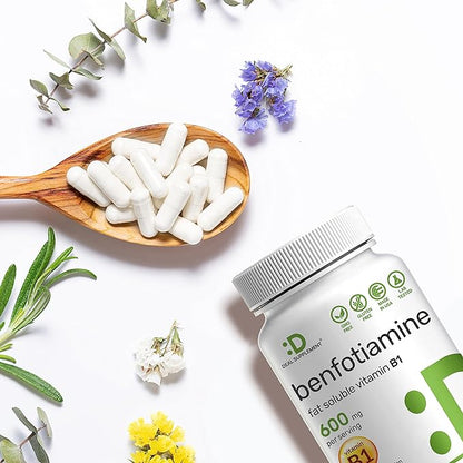Benfotiamine 600mg Per Serving, 180 Veggie Capsules (300mg Per Cap) – Fat Soluble Vitamin B1 Thiamine Supplement – 3rd Party Tested, Vegan, Non-GMO, Gluten Free
