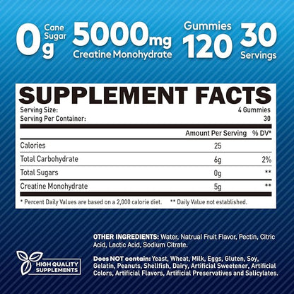 Creatine Monohydrate Gummies for Men, Creatine Monohydrate 5g Chewables for Muscle Growth & Recovery, Vegan, Sugar Free, Mixberry Flavor, 120 Count