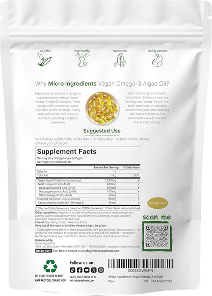 Micro Ingredients Vegan Omega 3 Algae Oil, 240 Veggie Softgels | Fish Oil Alternative | DHA 500mg & DPA 100mg | Carrageenan Free | Plant-Based Omega 3 with Flaxseed & ALA | Lemon Flavored