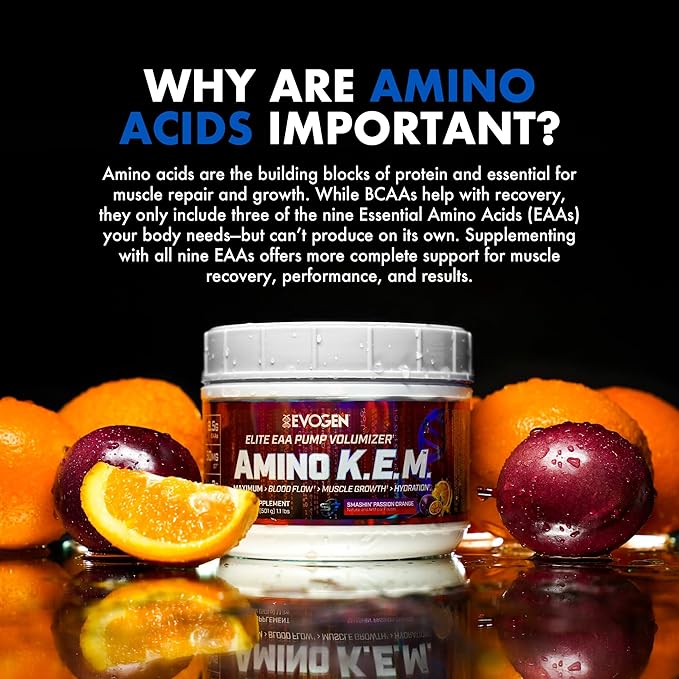 Evogen Amino KEM - Elite EAA Pump Volumizer | Supports Blood Flow, Muscle Growth, Hydration | Full Spectrum EAAs & BCAAs, S7 Nitric Oxide Blend | Smashin' Passion Orange | 30 Servings